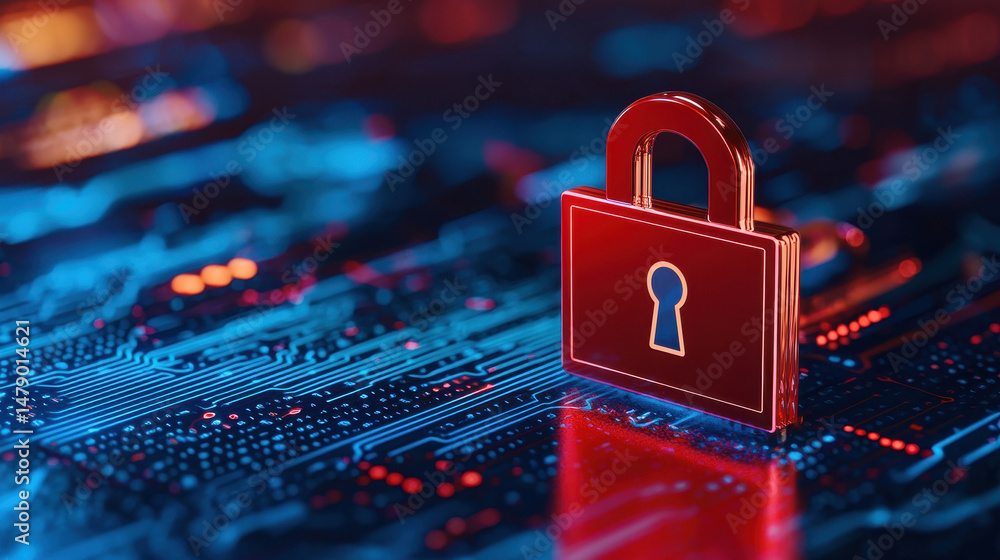 Aufkleber digital padlock symbolizing security on circuit board background, representing technology and protec