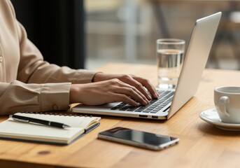 Person is typing on a laptop with a notebook pen smartphone and a cup of coffee on the table