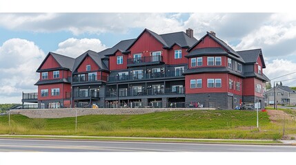 Fototapeta premium Multi-story residential building with a red facade and dark accents.