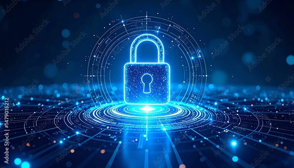 Poster a glowing digital lock surrounded by a network of light, symbolizing cybersecurity and data protecti