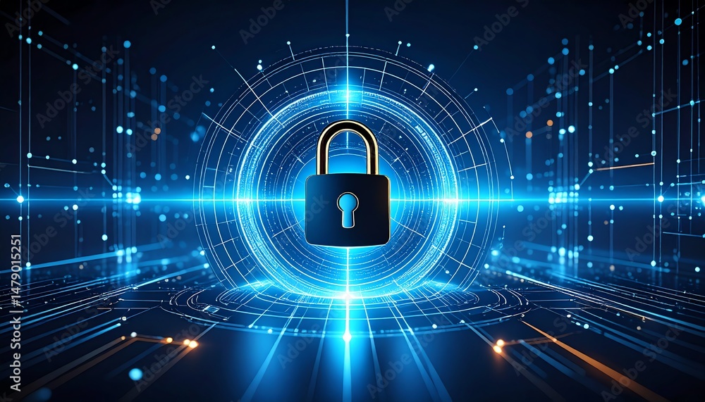Poster a digital lock surrounded by glowing blue lines and circular patterns, symbolizing cybersecurity and