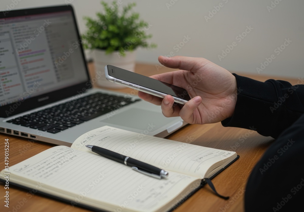 Poster person using a mobile phone while working on a laptop with a notebook on the desk