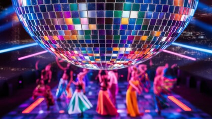 Disco ball hanging in a nightclub reflecting colored lights. Party with many people.