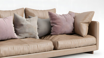 A tan leather couch with pillows on it