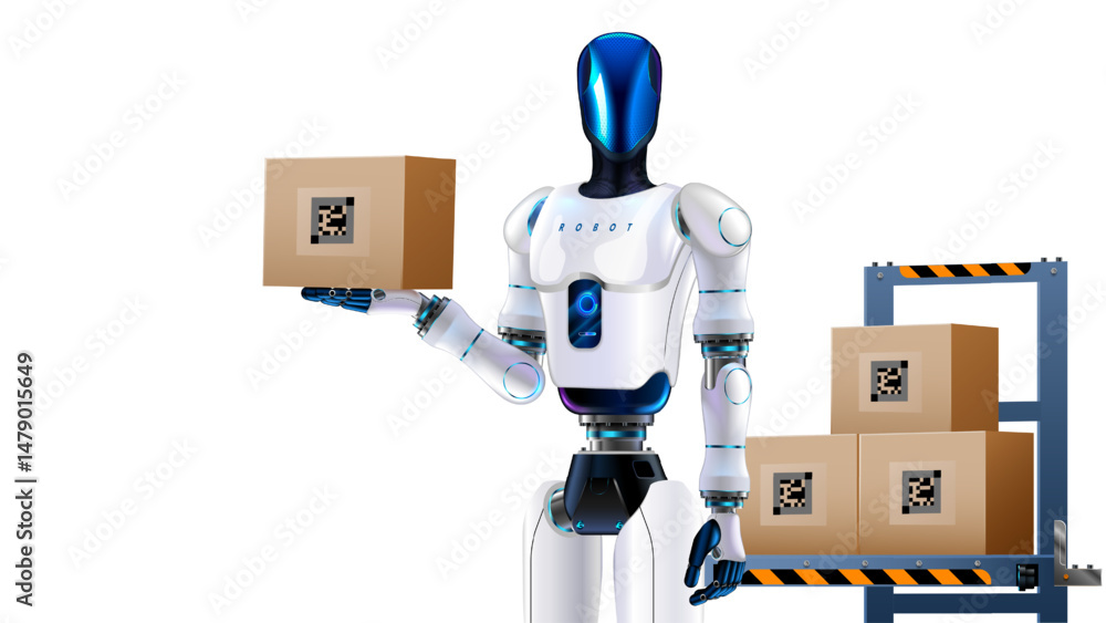 Leinwandbilder robot arm work on smart warehouse. robotic arm puts boxes on pallets. automation logistics on smart 