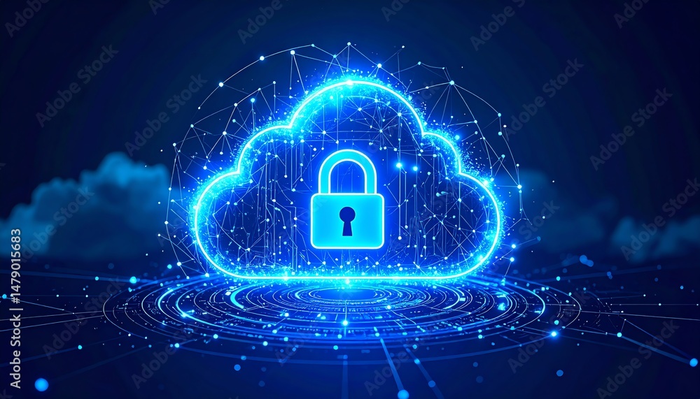 Poster a digital cloud with a padlock symbolizes cybersecurity and data protection in a tech-driven world