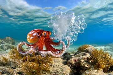 Captivating octopus displaying bubbles underwater coral reef marine photography tropical ocean close-up ocean life