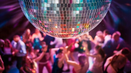 Obraz premium Disco ball hanging in a nightclub reflecting colored lights. Party with many people.
