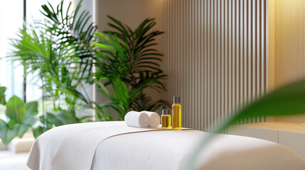 Serene massage therapy room featuring massage table, essential oils, and towels, surrounded by lush greenery for calming atmosphere