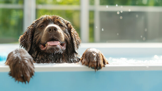 Playful dog enjoys refreshing swim in pool, showcasing its fluffy fur and joyful expression. sunlight creates cheerful atmosphere