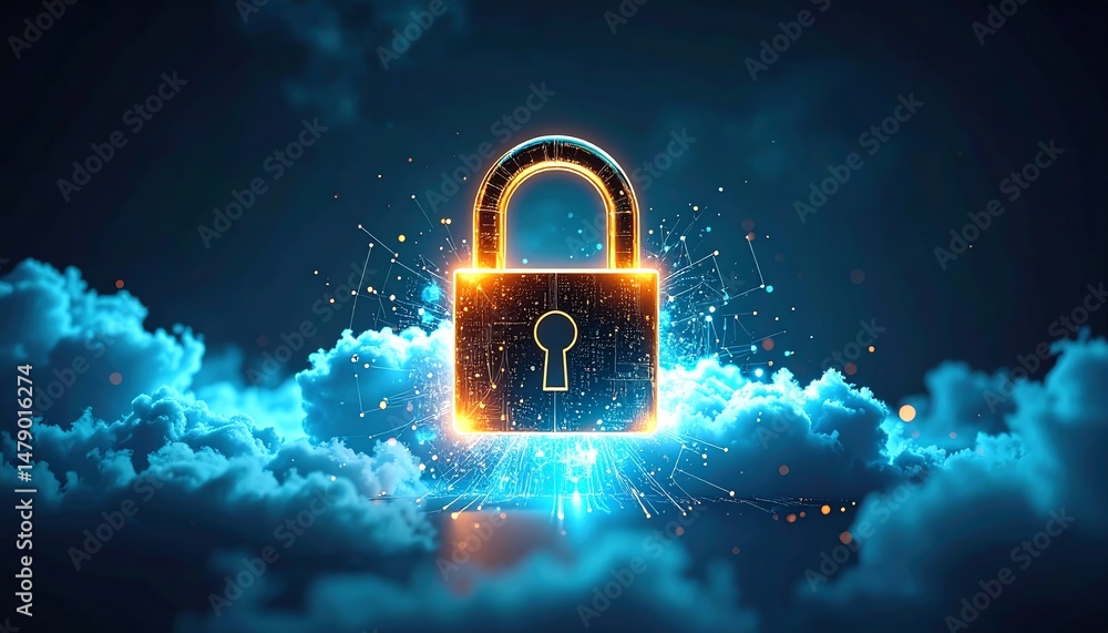 Poster a glowing padlock surrounded by digital elements and clouds symbolizes security and data protection 