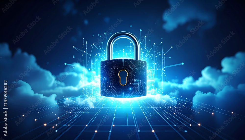 Poster a digital padlock surrounded by glowing clouds and data streams, symbolizing online security and pro