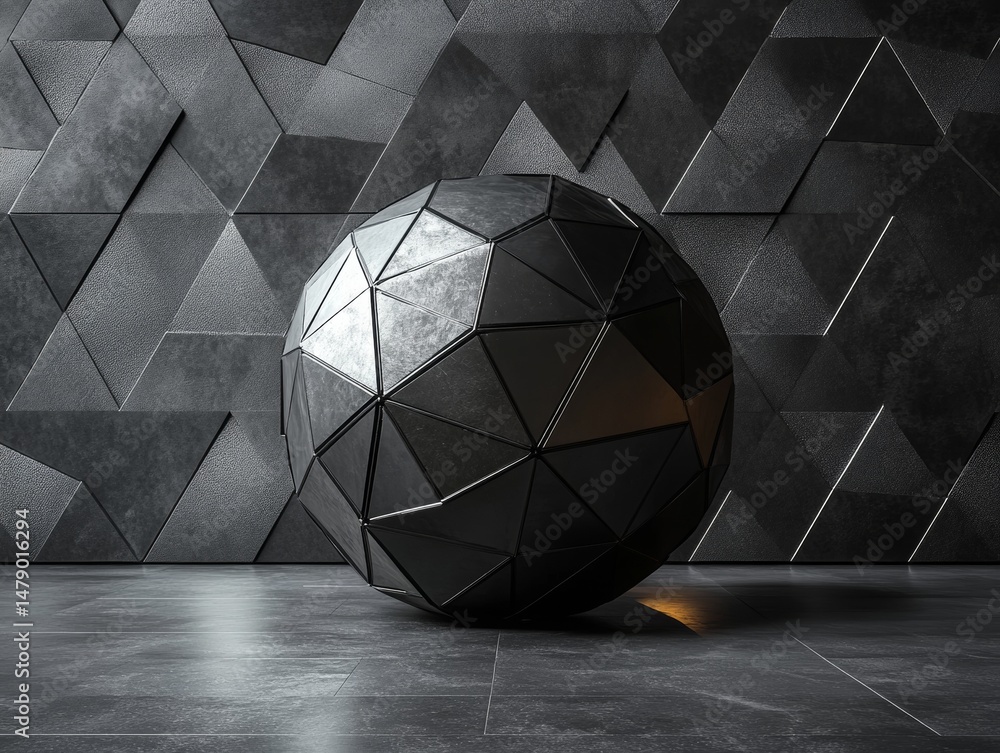 Poster abstract geometric sphere in a modern dark interior: a study in texture, light, and form in a minima