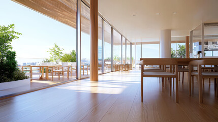 Fototapeta premium Bright and airy modern interior featuring large windows, wooden furniture, and minimalist design. space exudes tranquility and openness