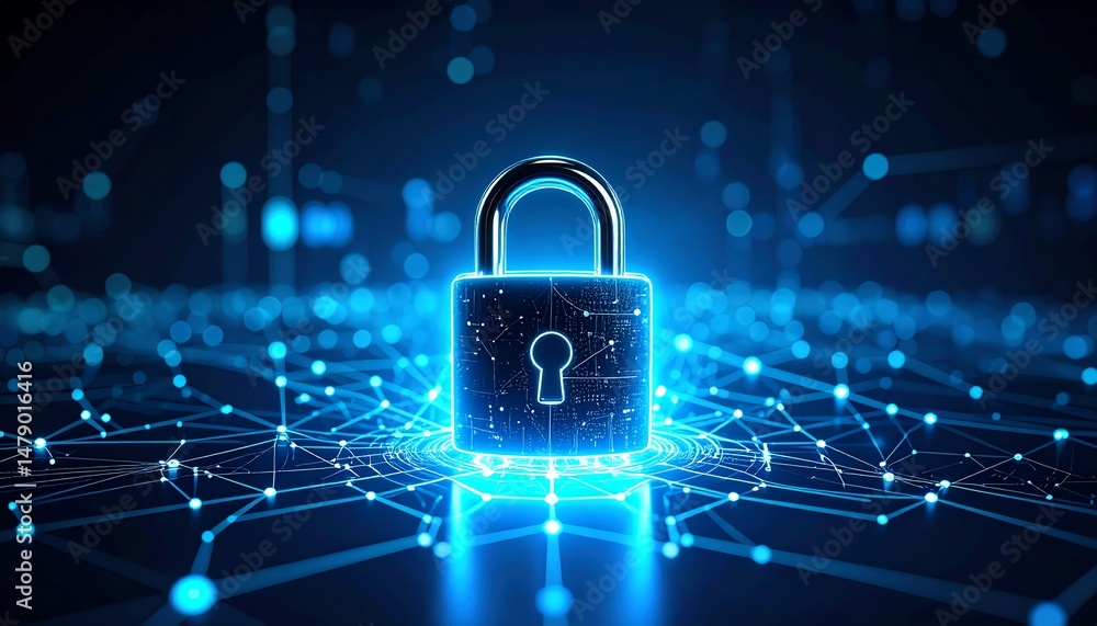 Poster a glowing padlock surrounded by a network of interconnected lines, symbolizing digital security and 