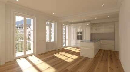 Fototapeta premium A modern kitchen with white cabinets and a grey countertop overlooks a balcony with a view of a city