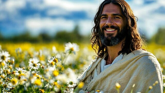Jesus Christ smiling in white flower field 
