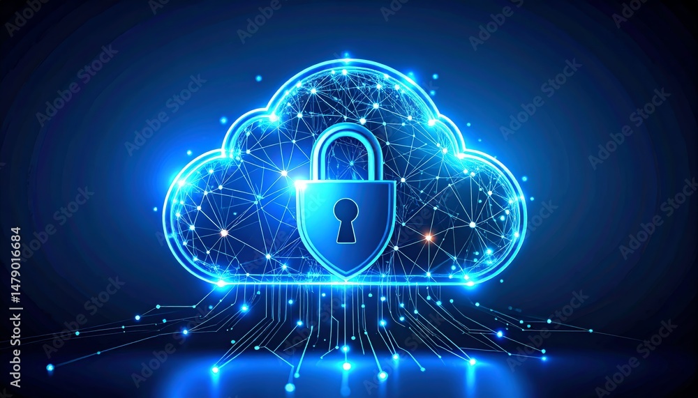 Poster a digital cloud with a padlock symbolizes cloud security and data protection in a futuristic network