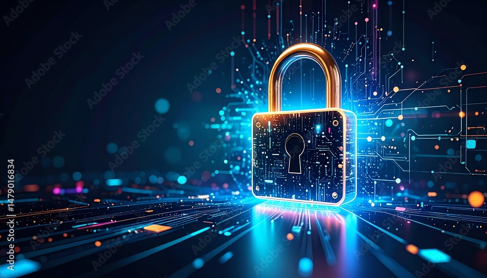 Aufkleber a digital padlock glows amidst a network of vibrant circuitry, symbolizing cybersecurity and data pr
