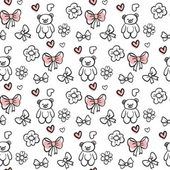 Seamless pattern with bows, flowers and hearts. Romantic decorative pattern. Doodle background with bow. Design for greeting card and birthday party
