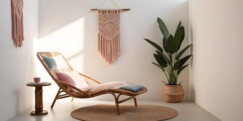A boho-style reading nook with a rattan lounge chair and bamboo side table, set in a pastel color scheme. Accented with macrame wall hangings and leafy indoor plants, softly lit by indirect daylig (4)