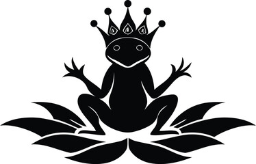 Frog sitting on a lotus flower isolated vector icon, frog sitting on a lotus flower silhouette vector art, frog sitting on a lotus flower line art vector illustration