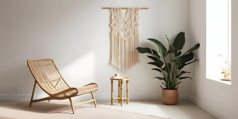 A boho-style reading nook with a rattan lounge chair and bamboo side table, set in a pastel color scheme. Accented with macrame wall hangings and leafy indoor plants, softly lit by indirect daylig (6)