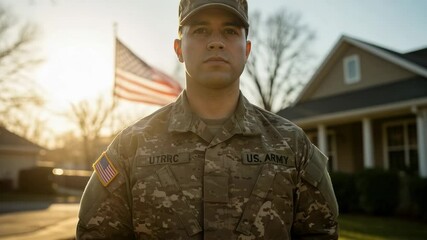 Portrait of a us army soldier in uniform standing in front of an american flag
