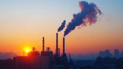 Obraz premium Stunning sunset view over industrial landscape, showcasing smokestacks releasing emissions into sky. scene evokes sense of contrast between nature