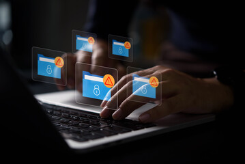 Cybersecurity warning on data folders with lock icons and red warning alerts signs. Represents...
