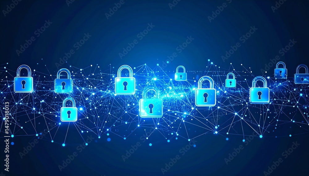 Poster digital locks connected through a network, representing cybersecurity and data protection in a visua