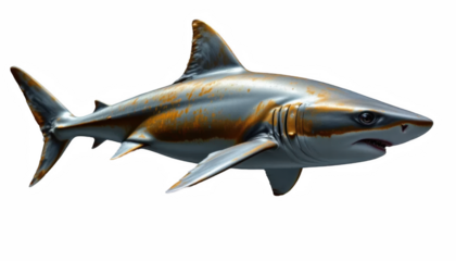 Realistic depiction of shark showcasing its sleek body and sharp fins, emphasizing its powerful presence in ocean. metallic sheen adds unique artistic touch, enhancing its fierce appearance