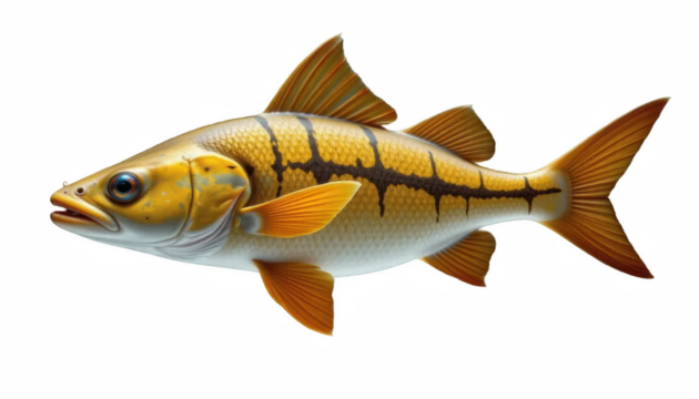 Detailed illustration of fish with streamlined body, featuring vibrant orange and yellow stripes along its sides. fish has large, expressive eyes and prominent fins, showcasing its aquatic beauty