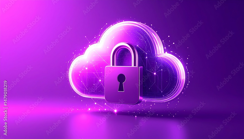 Poster a purple cloud with a padlock symbolizes digital security and data protection in a modern, tech-orie