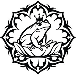 Frog sitting on a lotus flower isolated vector icon, frog sitting on a lotus flower silhouette vector art, frog sitting on a lotus flower line art vector illustration