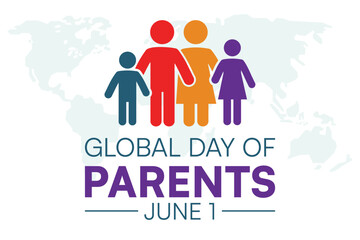 Colorful Vector Illustration of Family Silhouettes Celebrating Global Day of Parents, June 1 – Parents with Children, Flat Design on World Map Background
