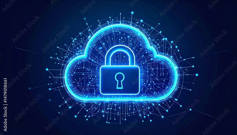 Poster a digital cloud symbol with a padlock, representing cybersecurity and data protection, surrounded by