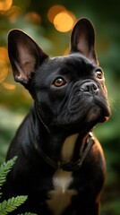 Fototapeta premium Attentive black French Bulldog posing outdoors with golden bokeh