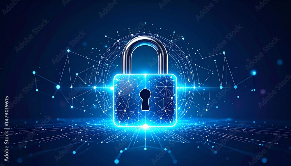 Poster a glowing digital padlock surrounded by interconnected nodes, symbolizing cybersecurity and data pro