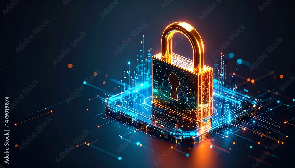 Poster a glowing digital padlock surrounded by vibrant data streams represents cybersecurity and data prote
