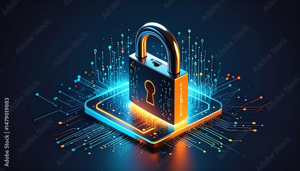 Poster a digital padlock surrounded by glowing circuitry, representing cybersecurity and data protection in
