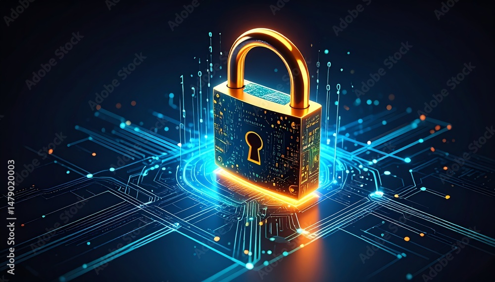 Poster a glowing padlock surrounded by digital circuitry symbolizes cybersecurity and data protection in a 