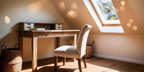 A cozy attic home office with a skylight, featuring a rustic wooden desk and a linen-upholstered chair, in soft brown and cream tones. Decor includes a woven basket and paper organizer, 