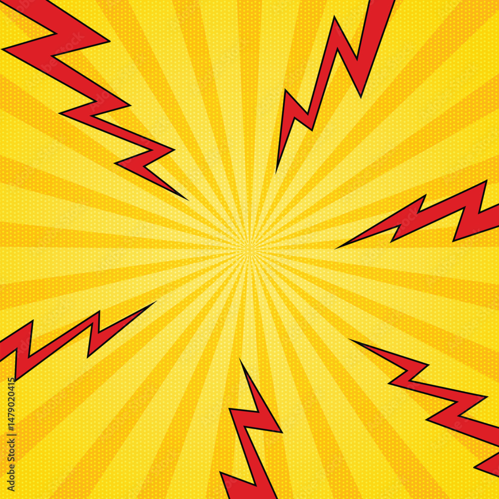 Aufkleber pop art comic background with red thunder flash. starburst with halftone. yellow comic background wi