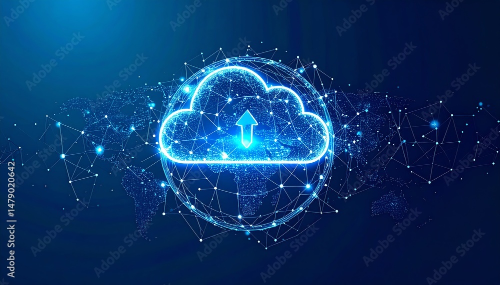 Poster a digital cloud symbol with an upload icon, set against a dark blue world map, representing cloud co