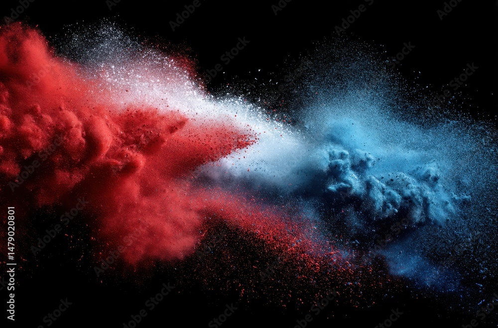 Poster dynamic collision of red and blue powder particles.