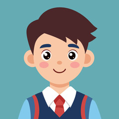 Cartoon vector young boy wearing formal clothing, including a vest and tie, set against a plain background. The vector design highlights the boy's friendly expression with detailed facial features 
