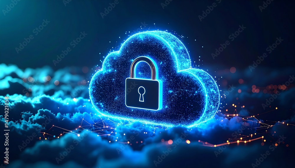Poster a glowing cloud with a lock symbol, representing digital security and data protection in a virtual e