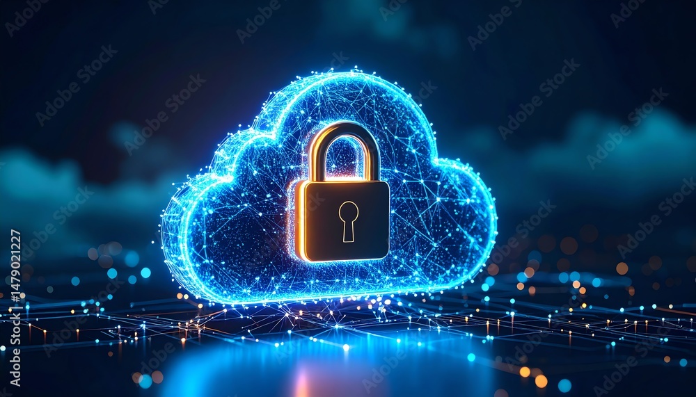 Poster a glowing cloud symbol with a padlock, representing digital security and data protection in a high-t