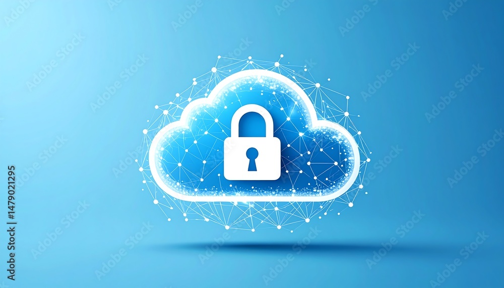 Poster a blue cloud with a padlock symbol, representing digital security and data protection in a connected